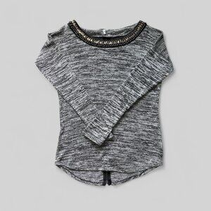 Embellished Sweater Womens Small Gray Black Long Sleeve Knit High Low Pullover
